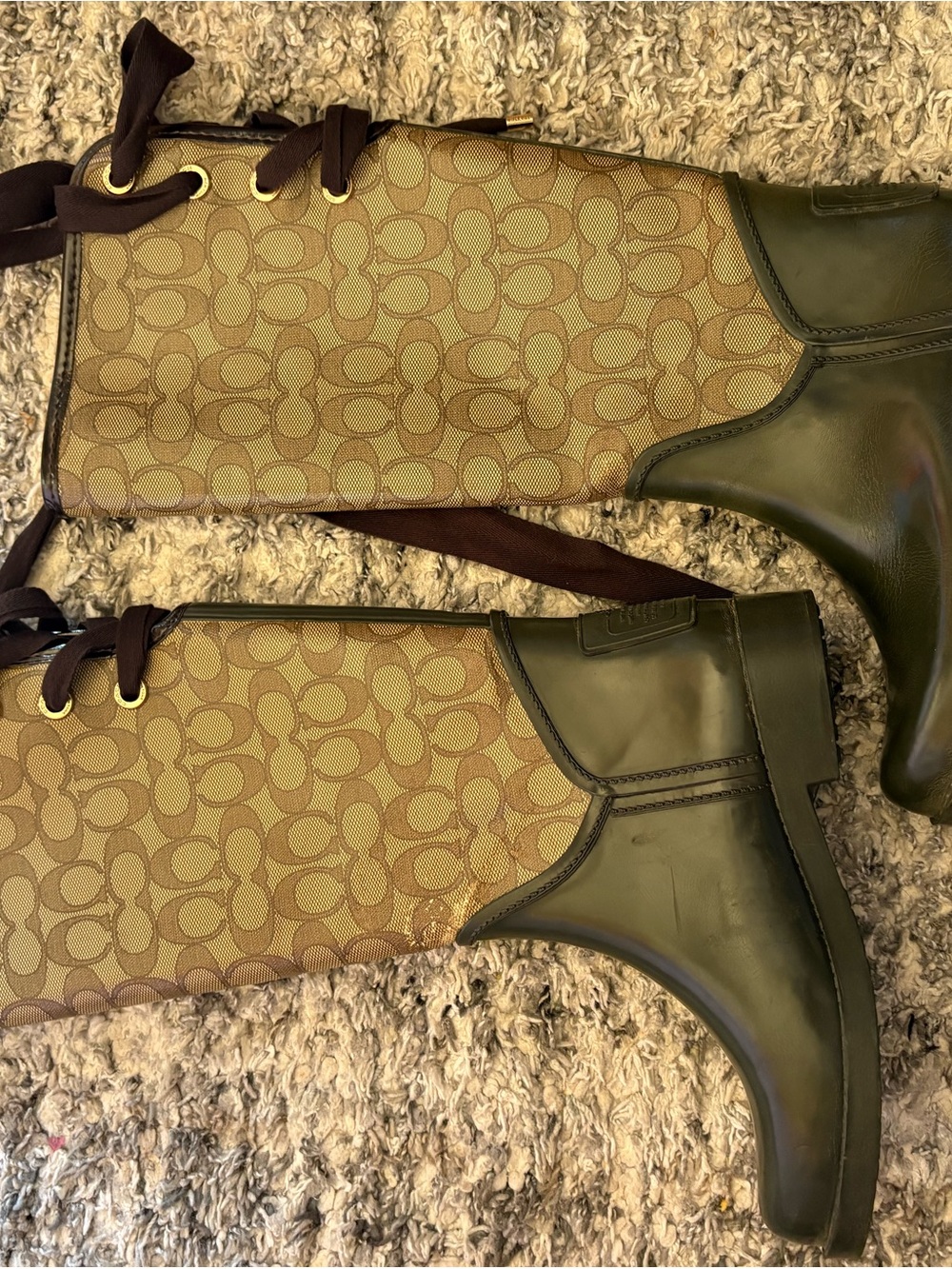 Coach Olive Leather and Tan Signature Lace-Up Tall Boots